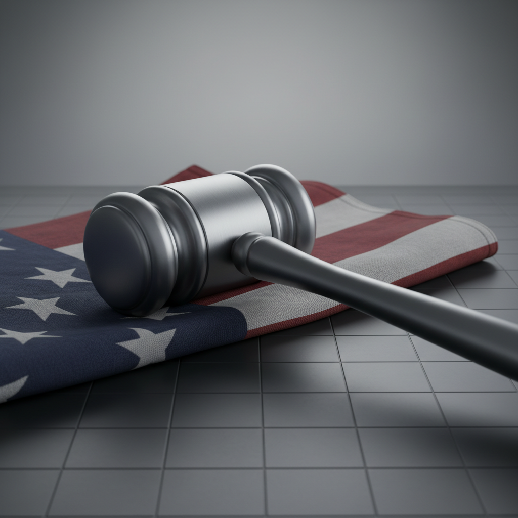 An abstracted representation of American democracy under strain: a close-up of a heavy, matte-metal gavel resting diagonally across a folded, slightly worn American flag rendered in desaturated reds and deep navy blues. The fabric’s texture is crisp and detailed, with visible stitching and gentle creases. Both objects sit on a smooth, dark slate surface with a faint, engraved grid suggesting structured analysis. Cool, diffused studio lighting from above and slightly behind creates a subtle halo on the gavel’s edges and soft shadows in front, emphasizing gravity and tension. The background fades into a neutral gray gradient with shallow depth of field, producing a calm yet foreboding atmosphere. The composition is tightly framed in photographic realism, with clean, modern, editorial aesthetics.
